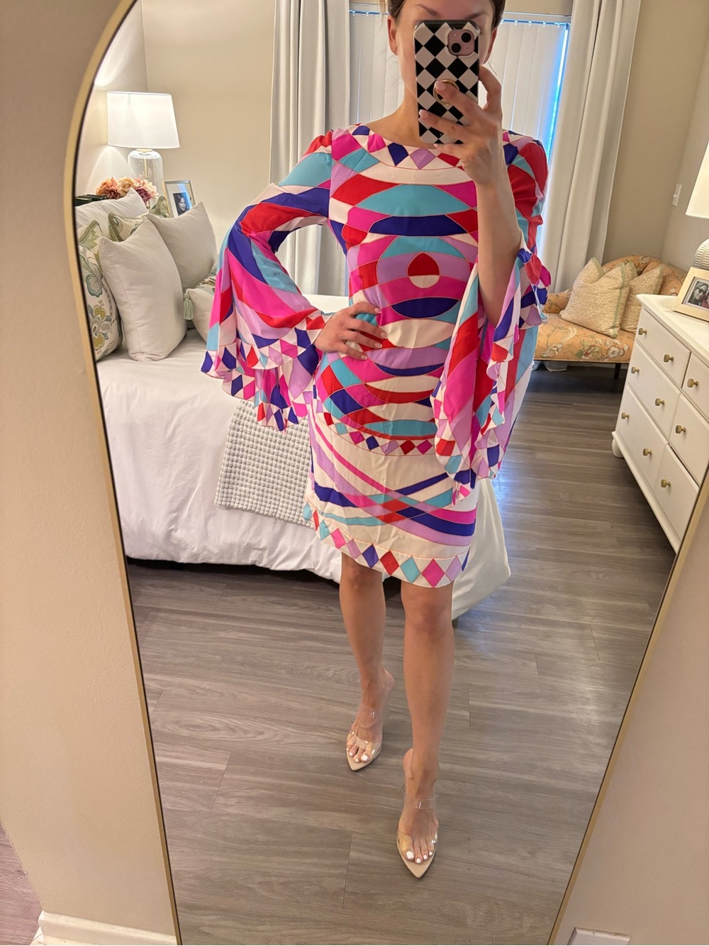 Sue Wong 100% Silk Geometric Print Mini Dress | Bell Sleeves | Size 6 | NWOT